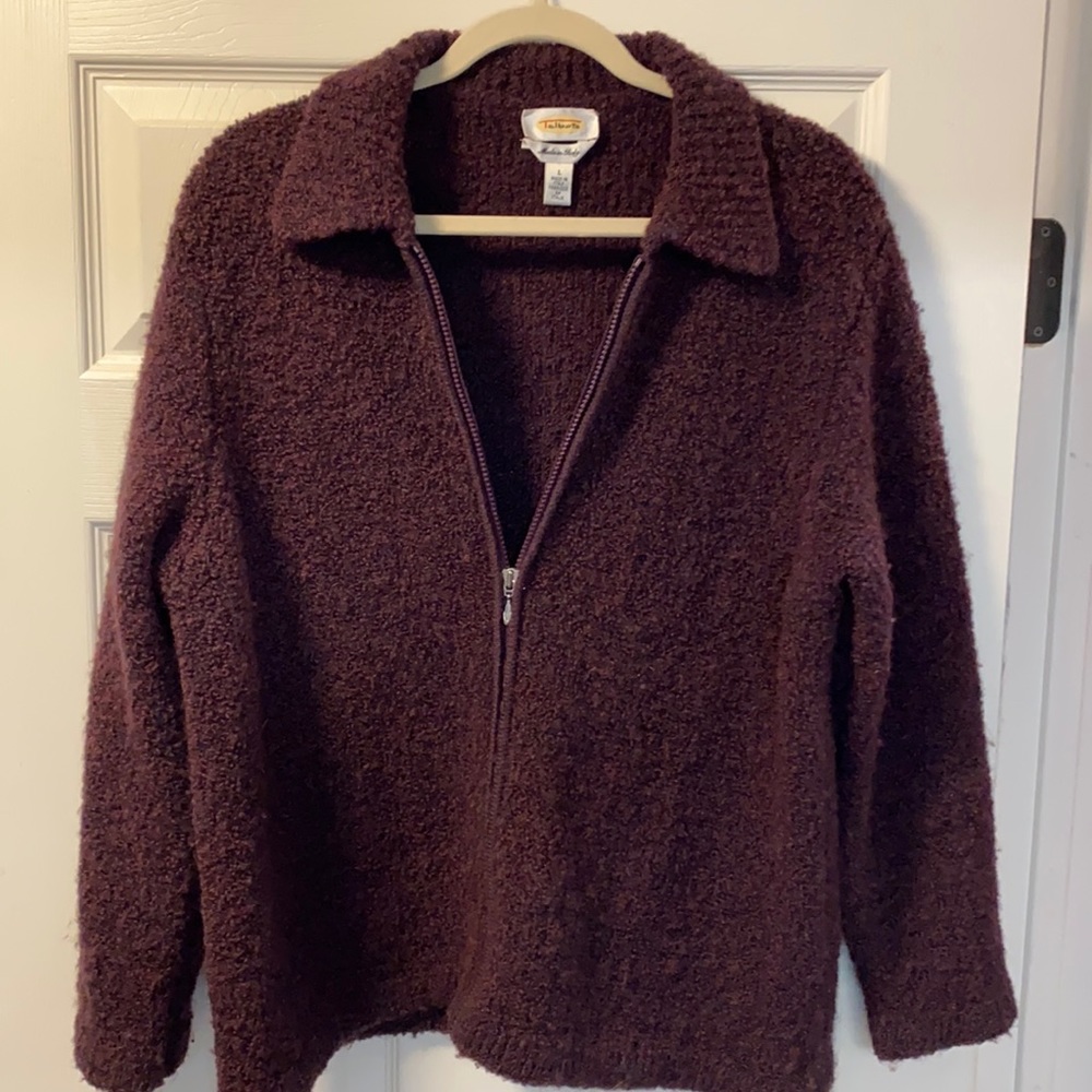 Talbots Full Zip Cardigan Merlot Burgundy Boucle Wool Made in Italy Sz Large EUC